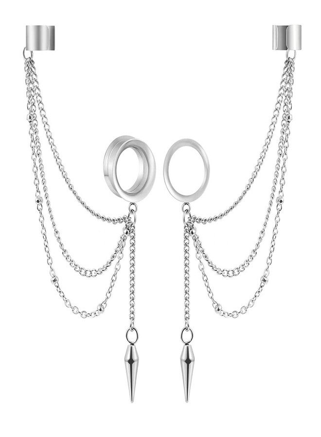 Earblity 2PCS 6mm/2g Silver Trendy Cuff Clip Triple Chain Dangle Ear Plugs Gauges Screw Ear Tunnels for Women Men Hypoallergenic 316 Stainless Steel Ear Body Piercing Jewelry - Image 1
